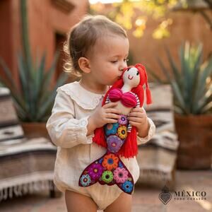 Mexican hand embroidered Mermaid shape decorative pillow  doll 19x6 in